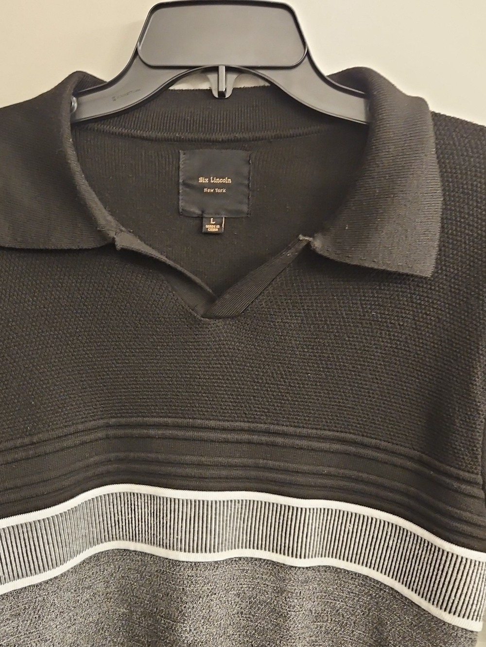 Six Linczoln Black Knit Polo with White Stripe